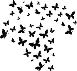 Butterfly silhouettes flying upward in group formation, black vector insects on white background, perfect for abstract designs, tattoos, wall art, or motion themes