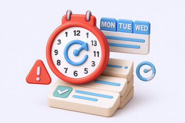 Fototapeta premium Colorful digital clock and task icons on a minimalist background, symbolizing time management.