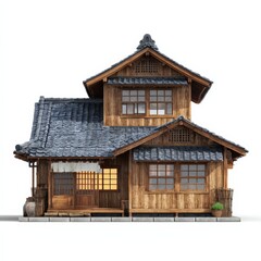 Traditional Japanese Wooden House Architecture Design Model Isolated on White Background