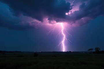 Dramatic Lightning Bolt Illuminates Stormy Night Sky, Powerful Nature Photography