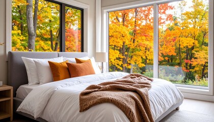 Cozy bedroom with a large window showing autumn trees with vibrant yellow and orange leaves, a blanket and pillows on the bed.