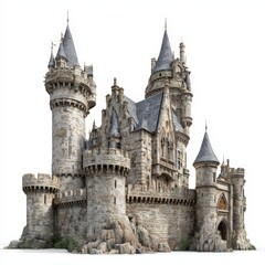 Fototapeta premium Majestic Medieval Stone Castle Isolated on White Background Fairytale Architecture Digital Illustration