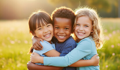 Three diverse kids smiling and hugging outdoors, symbolizing friendship, unity, inclusion, and multicultural connection. Perfect for concepts of diversity, teamwork, and community.