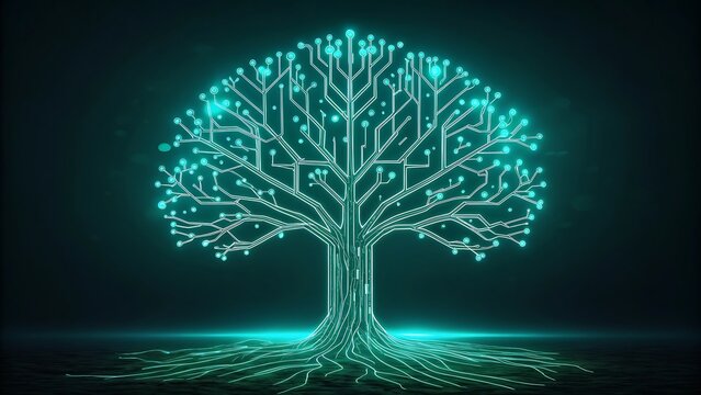 Glowing digital tree made of circuit lines