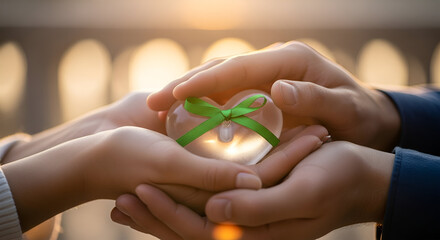 Two hands gently cradling a glass heart adorned with a green ribbon, symbolizing love, care, and shared affection, Organ Donation Week