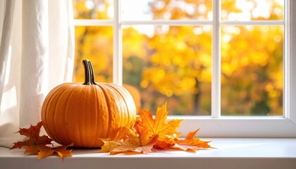 Pumpkin and autumn leaves on a windowsill, with soft light coming through the window and blurred yellow trees in the background.