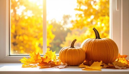 Pumpkin and autumn leaves on a windowsill, with soft light coming through the window and blurred yellow trees in the background.