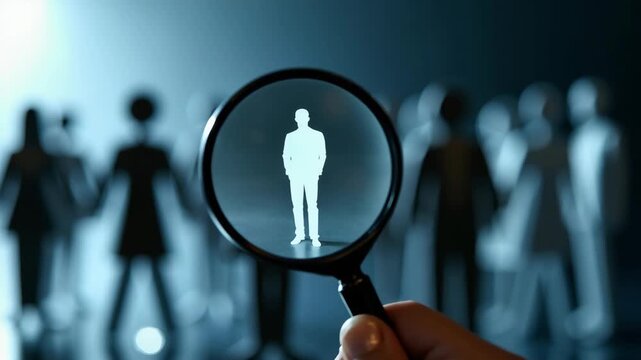Silhouette of a person highlighted through a magnifying glass amidst a blurred group, symbolizing individuality, recruitment, or focus on specific skills.