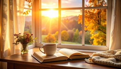 Warm sunlight streaming through the window into the room, a coffee cup and book on the nightstand, with an autumn landscape in the background.