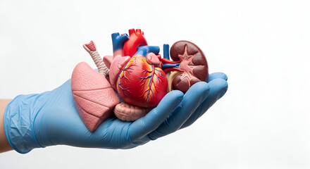 Gloved hand gently cradles anatomical models of human organs, showcasing heart, lungs, and kidney, Organ Donation Week