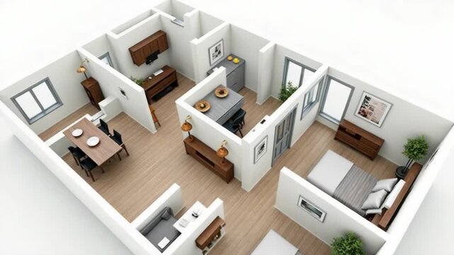 Modern building plan shows small apartment layout. Interior design includes dining area with table, chairs. Living room, bedroom areas also visible. Floor plans displayed. Pseudo 3d plan.