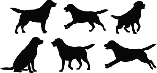 Golden retriever silhouette collection, black dog poses, running, sitting, playing retriever vector, isolated pet shape, hunting dog breed illustration