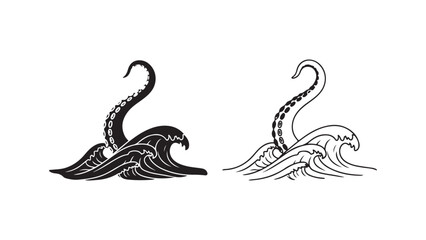 Octopus with waves outline style with transparent background