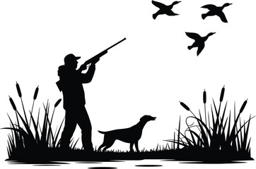 Hunter with dog aiming at flying ducks, silhouette vector illustration of wildfowl hunting in marshland scene, ideal for outdoor and wildlife designs