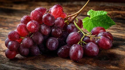 Fresh Red Grapes on Wooden Table Background A Bunch of Juicy Red Grapes with Water Droplets and Green Leaf