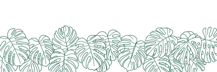 A line of outlined monstera leaves with holes in them at the bottom of a white background space above
