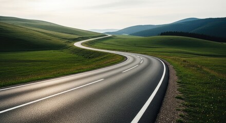 Naklejka premium Winding road through lush green hills