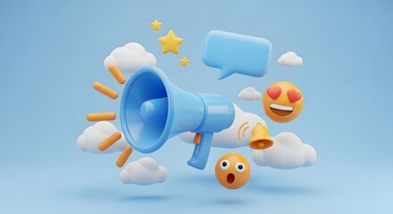 Whimsical megaphone announcement with expressive emojis and clouds