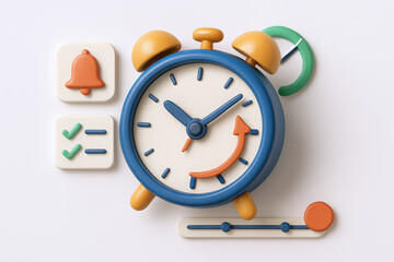 Colorful alarm clock with checkmarks and notification bell in a playful design.