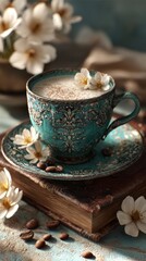 Fototapeta premium Ornate Teal Cup of Frothy Coffee with Floral Motif Surrounded by Blossoms and Antique Books