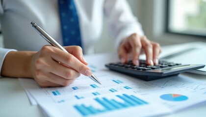 Malaysian woman accountant working with documents in office. She calculates taxes using calculator, inspects charts, plans financial strategy. Focused detail on numbers, financial data analysis.
