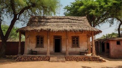 Front view of a traditional indian village house with thatched roof and mud walls surrounded by trees and nature
