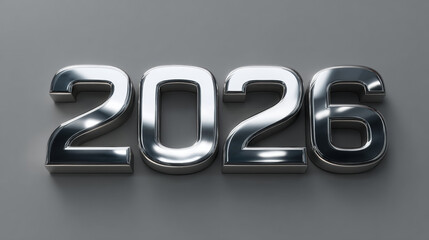 A sleek, highly reflective 3D number 2026 in polished chrome, with subtle light reflections. Plain dark gray background. Industrial, sharp, luxurious. 3d illustration. Happy new years concept.