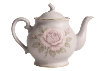 Porcelain teapot featuring a delicate pink rose design, perfect for a vintage tea party setting with transparent background