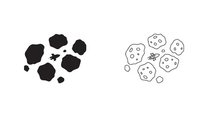 Spaceship flying through asteroid field with transparent background