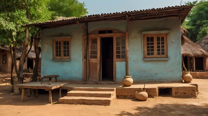 A traditional indian village house with mud walls, a tiled roof, and clay pots, showcasing rural architecture and cultural heritage