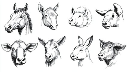 Fototapeta premium sketches of farm animals heads, ink drawing style, simple design, white background