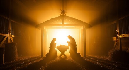 Nativity Scene Silhouette with Mary and Joseph Praying in a Stable