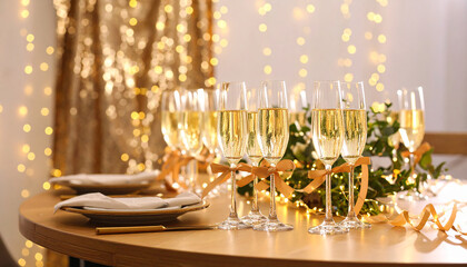 Champagne glasses on a table with golden lights for a festive celebration, party, wedding, anniversary, new year or christmas event