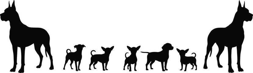 Silhouette of big and small dogs, adult Great Danes with puppies, vector illustration isolated on white background for pet and animal themes