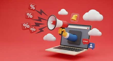 Digital marketing megaphone announces sales and discounts through a laptop screen