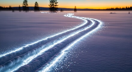 Cross-Country Ski Tracks at Sunset in Winter Landscape