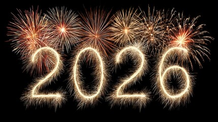 Golden Fireworks 2026 on Black Sky for New Year Celebration with Sparkling Lights and Wide-Angle HD Detail.
