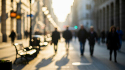 Blurred urban scene with people walking on a lively street in warm sunlight, tall buildings casting long shadows, and reflections glowing on windows and asphalt.