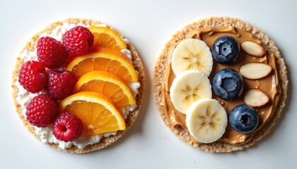 Top view of gluten-free rice cakes with fresh fruits. One cake raspberries, orange slices, cream. Cake features banana slices, blueberries, almond flakes, peanut butter. Healthy snack option.