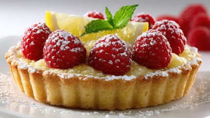 A delicate lemon tart with fresh raspberry