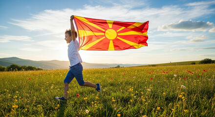 Joyful child running through a field holding North Macedonian flag under summer sun