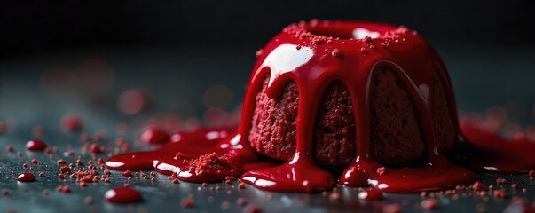 A tempting, dark red confection, dripping with a glossy, almost sinister glaze Intricate details hint at a hidden, devilish delight Perfect for Halloween or dark fantasy themes , evil, red