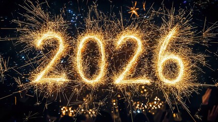 Golden Fireworks 2026 on Black Sky for New Year Celebration with Sparkling Lights and Wide-Angle HD Detail.
