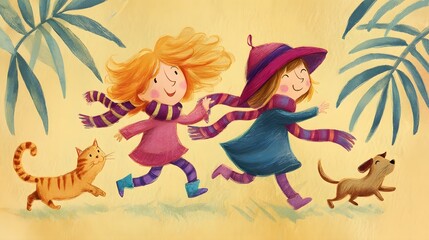 Children Running with Cat in Colorful Outfits