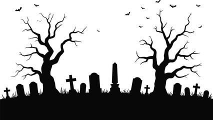 Spooky graveyard scene with haunted trees, bats, and tombstones, perfect for Halloween party posters, horror design elements, or eerie background art