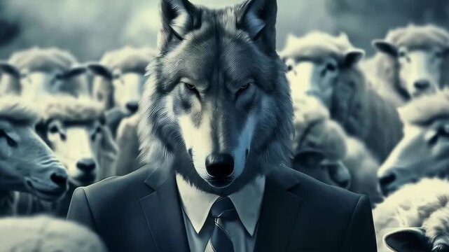 A stern businessman wearing a wolf mask among a flock of sheep &mdash; a metaphor for leadership and strategy. Suitable for illustrating topics such as hidden motives, competition, unconventional thinking i