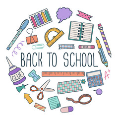 Hand drawn doodle colorful stationery elements round composition. Child education vector illustration