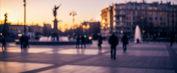 Obraz premium People walking in a city square at dusk surrounded by buildings and a prominent statue, capturing a lively, picturesque, and atmospheric urban environment with soft fading light.