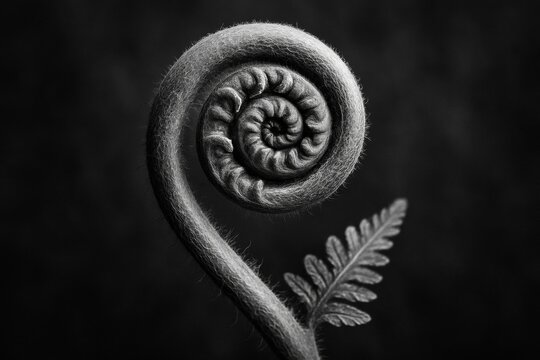Dramatic black and white macro photograph of a fern in spiral form.