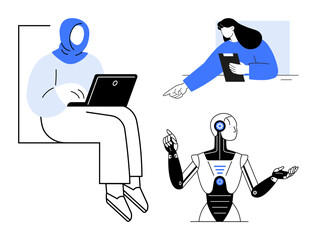 Person working on laptop, woman giving instructions, robot gesturing. Ideal for technology, innovation, remote teamwork, AI integration, communication, tech-driven education simple landing page